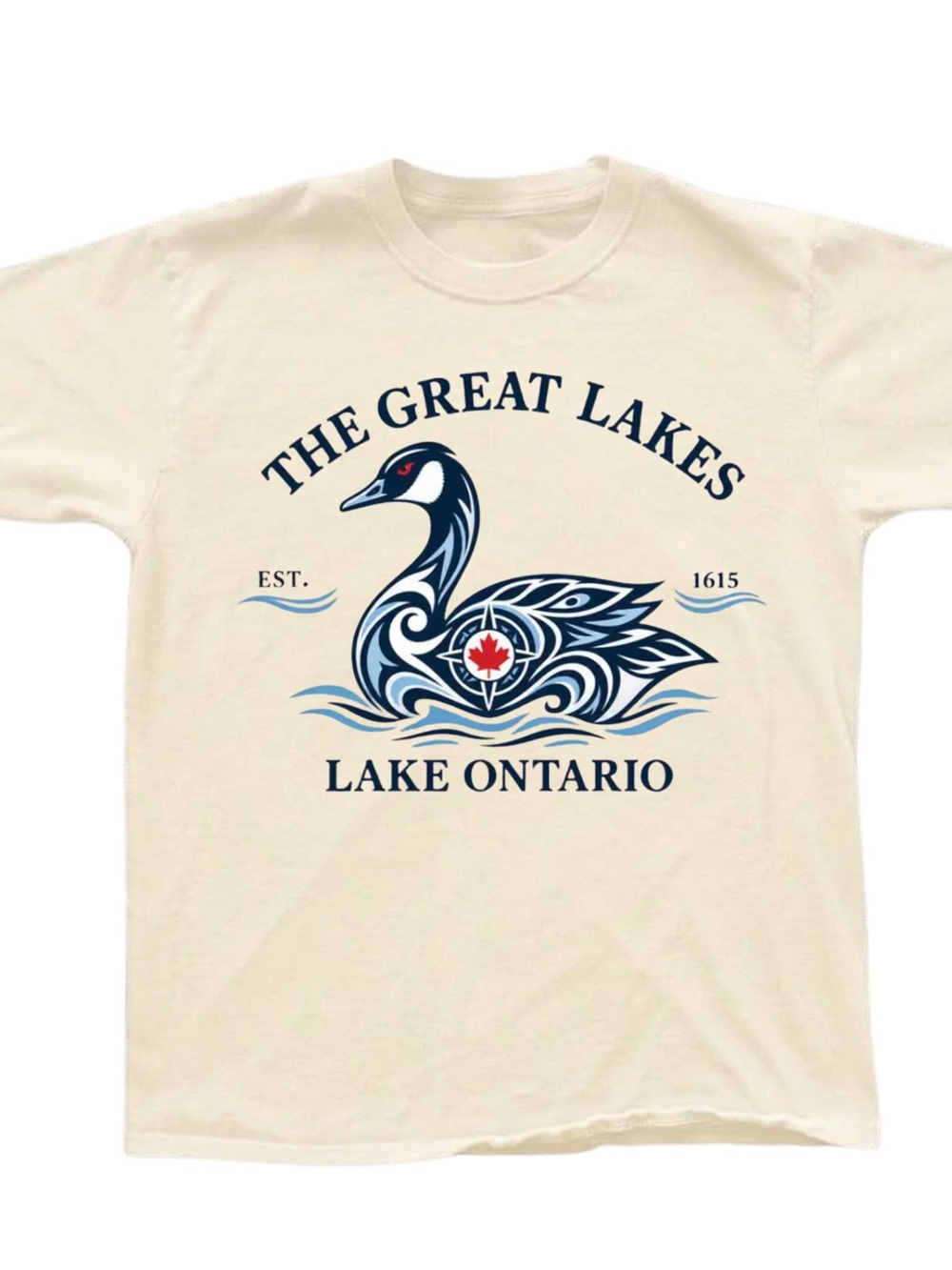 Gildan Cream Lake Ontario Swan Graphic Tee with Navy and Red Accents